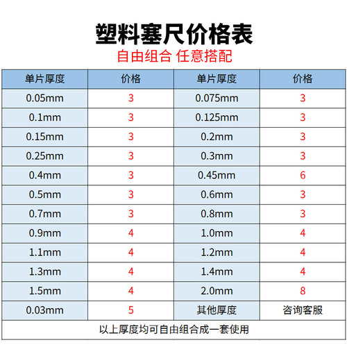 阿满达KOBETOOL塑料塞尺塑胶厚薄片塞规片厚度0.05-2mm单片多规格