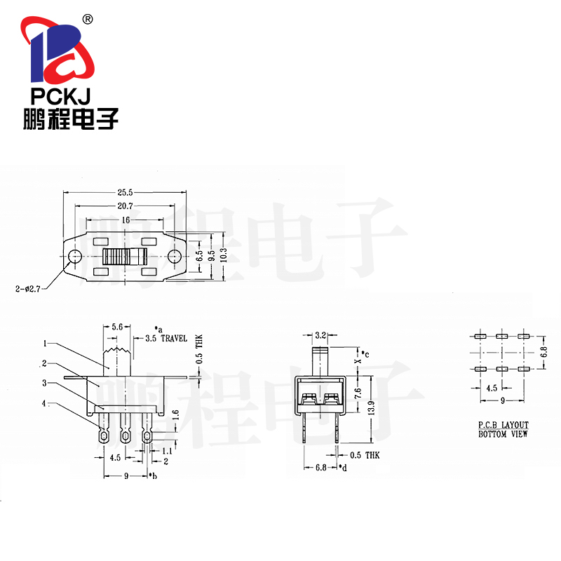 2档拨动开关 无固定脚2203 双排6脚立式带耳朵 SS-22G08(2P2T)