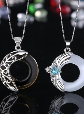 天使恶魔情侣项链时尚黑曜石猫眼石吊坠男女一对平安扣古风项链