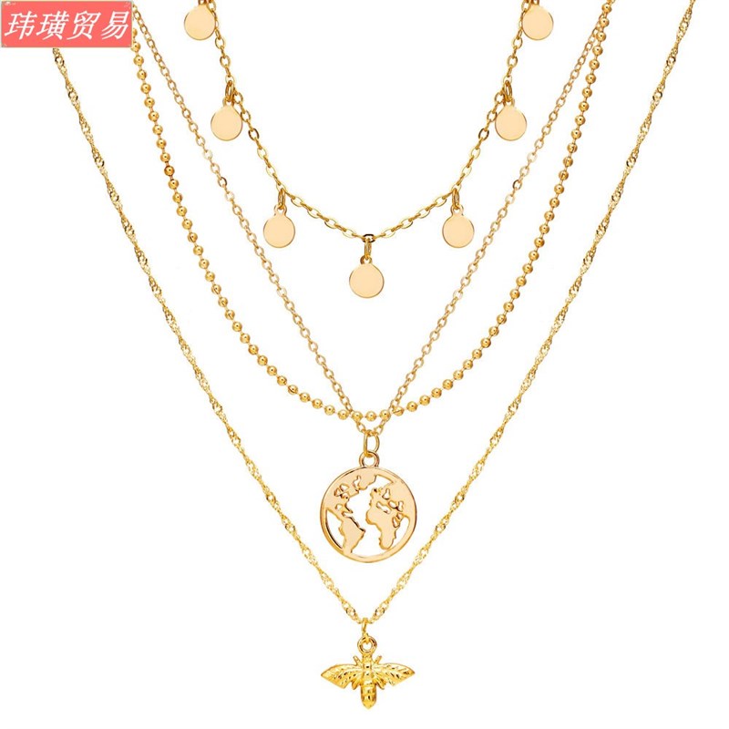 Alloy Clavicle Chain Disc Map Bee Pendant Multilayer Necklac