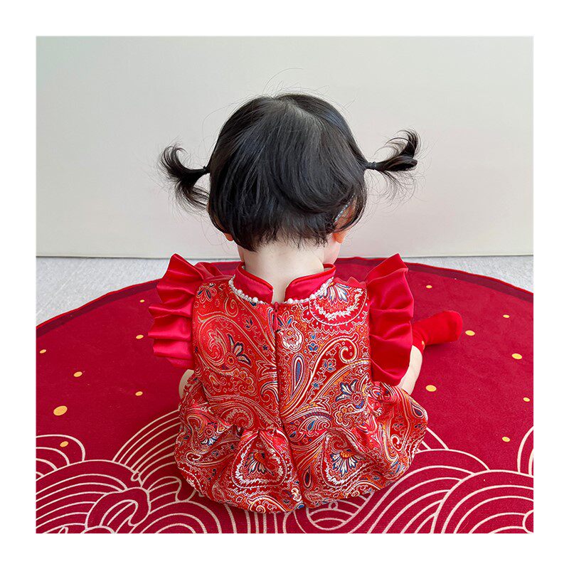极速。周岁女宝礼服中式百天宝宝衣服夏季婴儿抓周礼服周岁宴红色