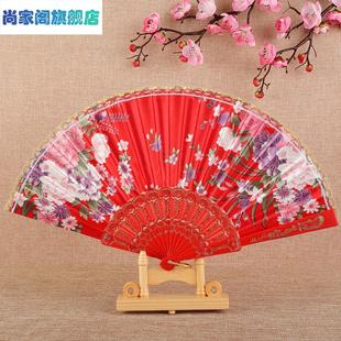 过新年折扇子装饰红蝶蓝色夜上海绸布金边舞蹈扇子复古风虎年戏曲