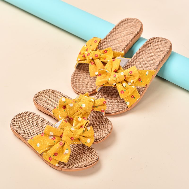 蝴蝶结儿童亚麻拖鞋女亲子凉拖鞋女童小孩中大童防滑室内家居夏季