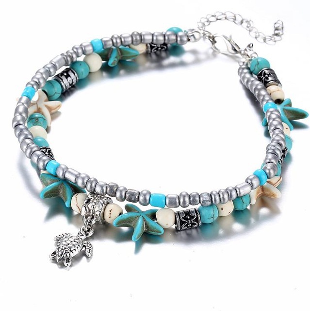 Fashion Double Anklet Conch Starfish Rice Beads Yoga Beach T