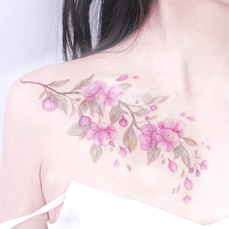 极速她画彩色唯美樱花纹身贴艳丽花卉桃花图案花腿花臂 樱花臂
