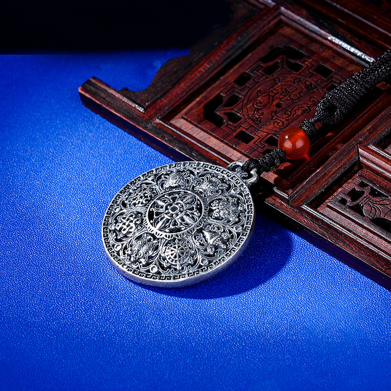 S925银吊坠八吉祥镂空吊坠密宗金刚杵护身挂件纯银做旧高档吊坠