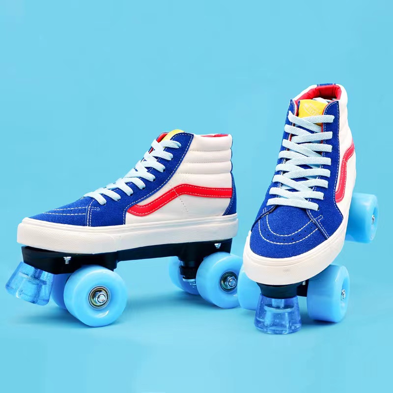 Women Men  Blue and white Roller Skates Sliding Quad Sneaker