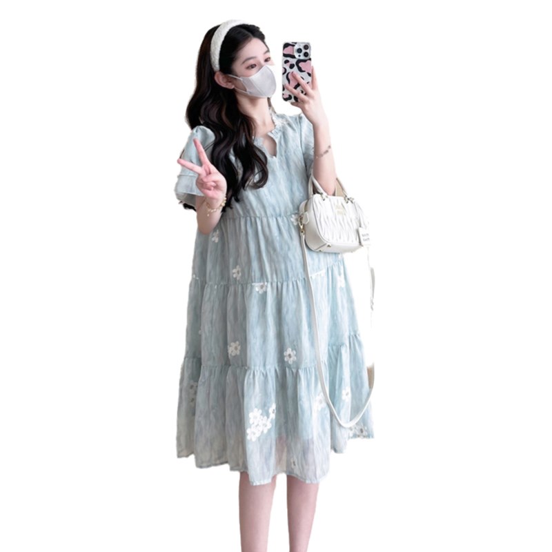 好货孕妇夏装连衣裙2025甜美洋气小个子孕妇装短袖宽松雪纺刺绣裙