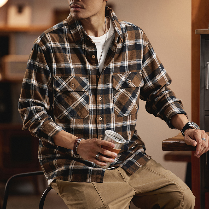 美式复古300g重磅加厚格子衬衫男长袖冬季潮牌宽松磨毛秋冬外套男