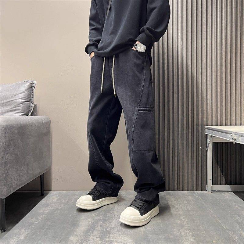 秋冬款松紧腰高弹力牛仔裤男青年抽绳束脚哈伦裤弹性长裤子潮男装