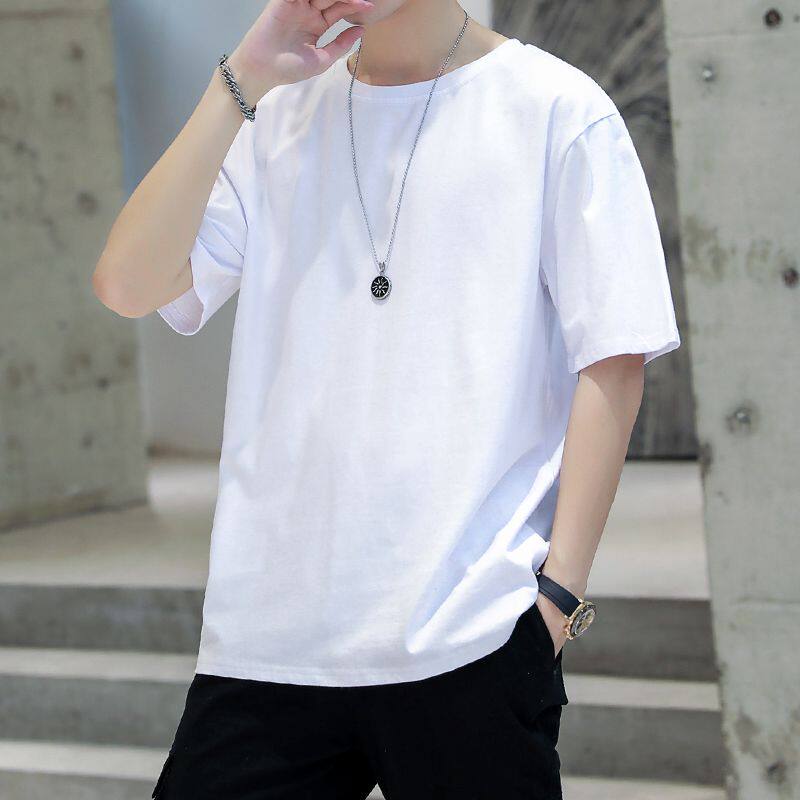 短袖T恤衫男夏季衣服青少年男装体恤潮流韩版宽松纯黑色五分半袖t