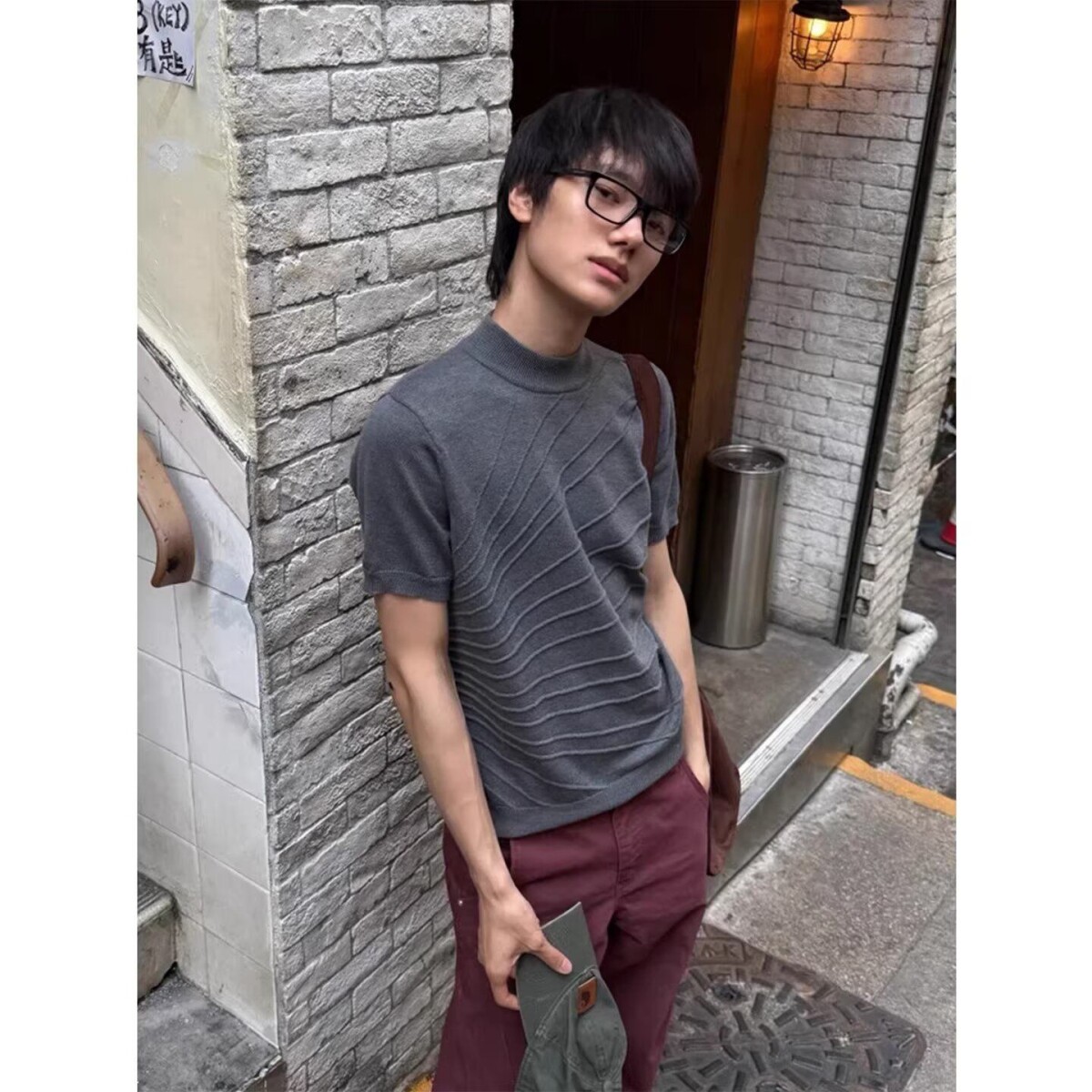 高领T恤男士短袖夏季2024新款痞帅高级感男装五分中袖中领打底衫