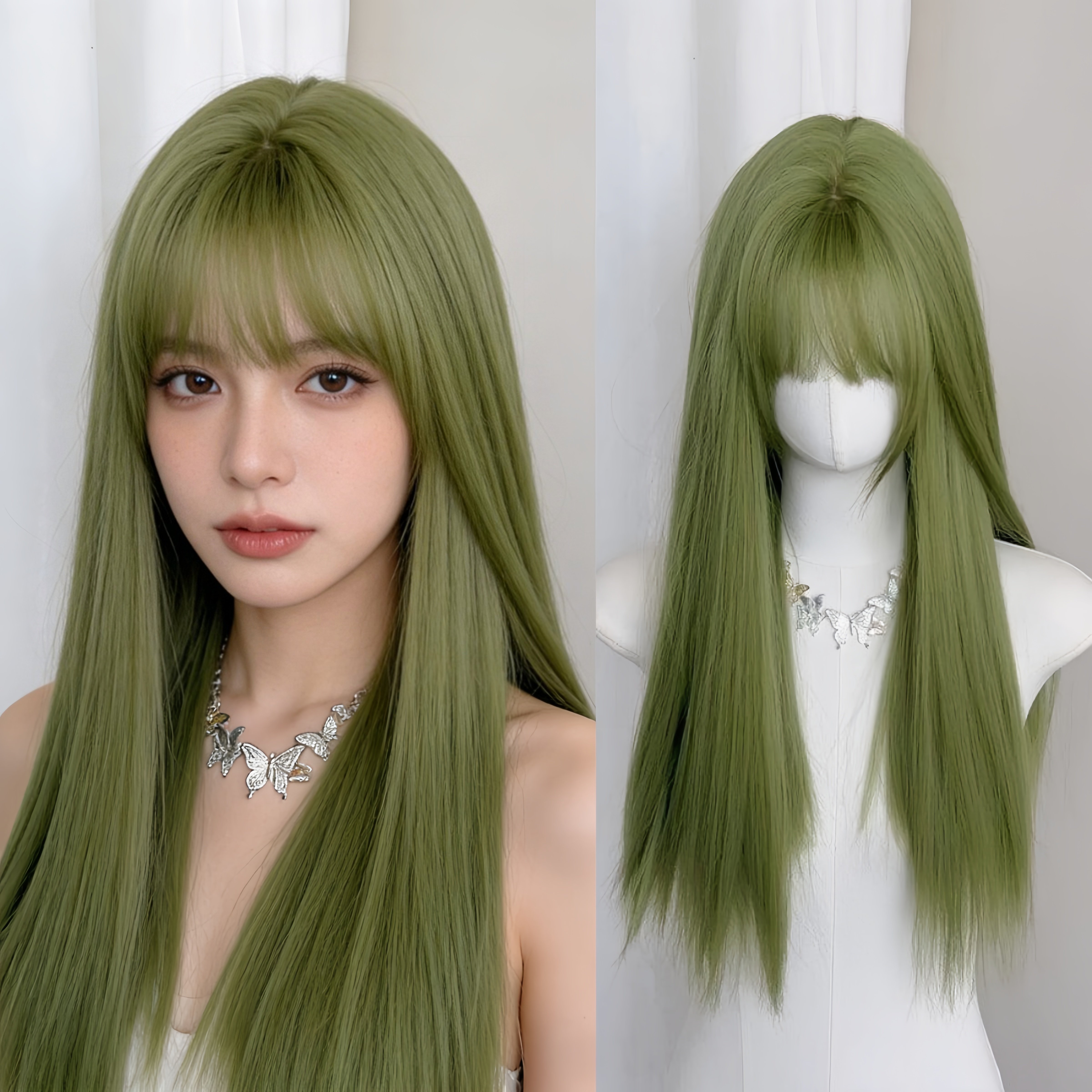 绿色假发齐刘海整顶气质显白wig