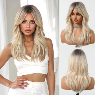 挑染金色欧美假发层次感全头发型八字刘海长卷发自然时尚整顶发套