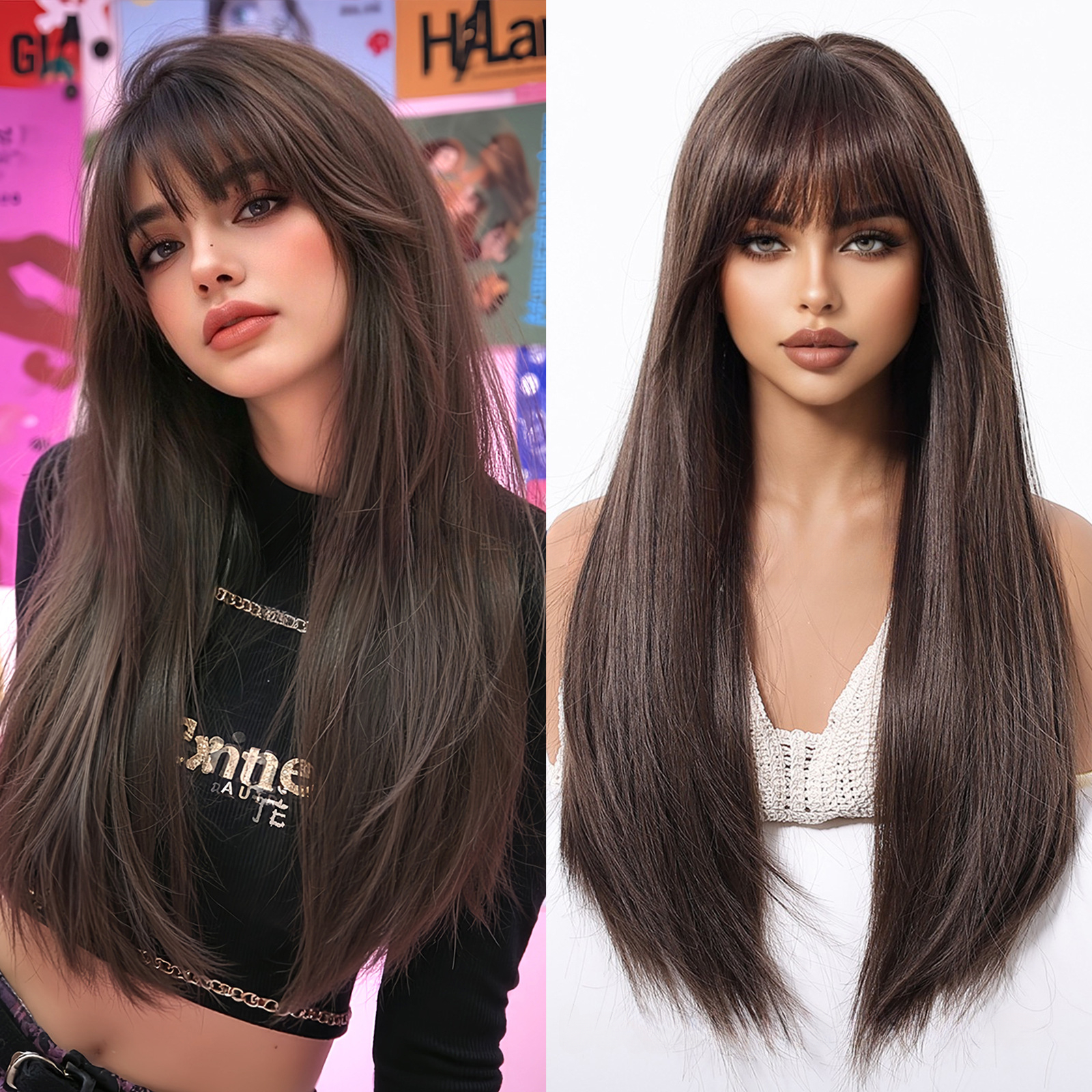 棕色假发女长发齐刘海欧美风