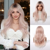 SHIMMER欧美风粉色渐变假发女中长微卷八字刘海修饰脸型方圆脸wig