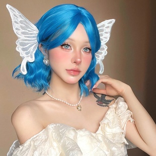 欧美假发女短卷发蓝色仿真发丝自然蓬松整顶假发套cos blue wig