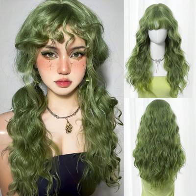 牛油果绿色假发头套长卷发