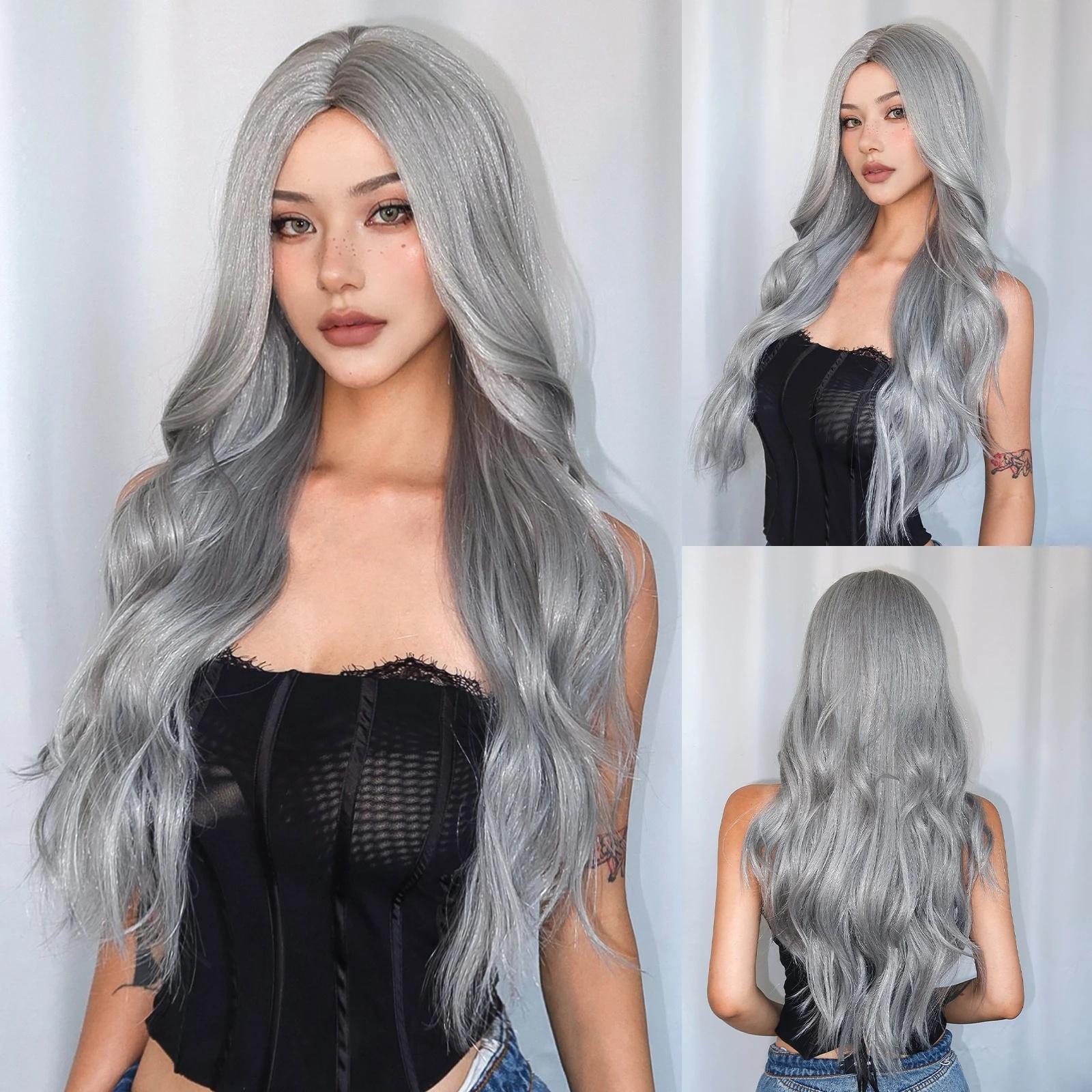 银色假发女长卷发中分科技欧美风日常假发long wavy sliver wig