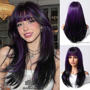 欧美慵懒风紫色渐变长直发女齐刘海假发日常气质整顶假发头套wig