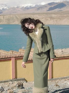 法式复古气质收腰毛呢外套半裙套装女冬季新款小众显瘦通勤两件套