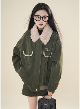 美式复古军绿色皮衣毛呢外套女冬季2025新款休闲宽松毛毛拼接夹克