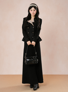 【墨蚀裁诗】韩系休闲通勤大衣设计感All black穿搭收腰毛呢外套