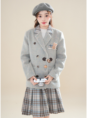 泉野薰冬季新款格纹毛呢西装半身裙套装学院风小众高级感呢子外套