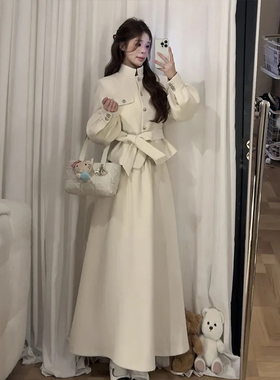 富家千金感气质套装女秋冬季立领单排扣系带短款外套半身裙两件套