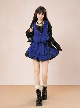 暗黑系古着vintage套装女蝴蝶结木耳边连衣裙黑色蕾丝开衫两件套~