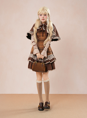 【焦糖布丁】秋冬新款甜美Lolita蝴蝶结斗篷蛋糕连衣裙两件套套装