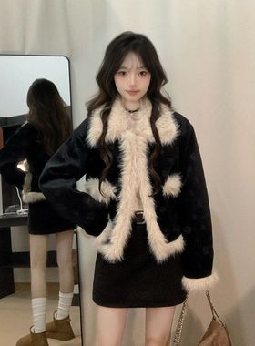 矜贵千金 冬季法式高级感小香毛毛拼接外套美式辣妹半裙显瘦套装