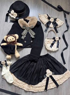【黑糖蕾丝】古早doll感Lolita蝴蝶结外套+蕾丝花边短裙两件套装