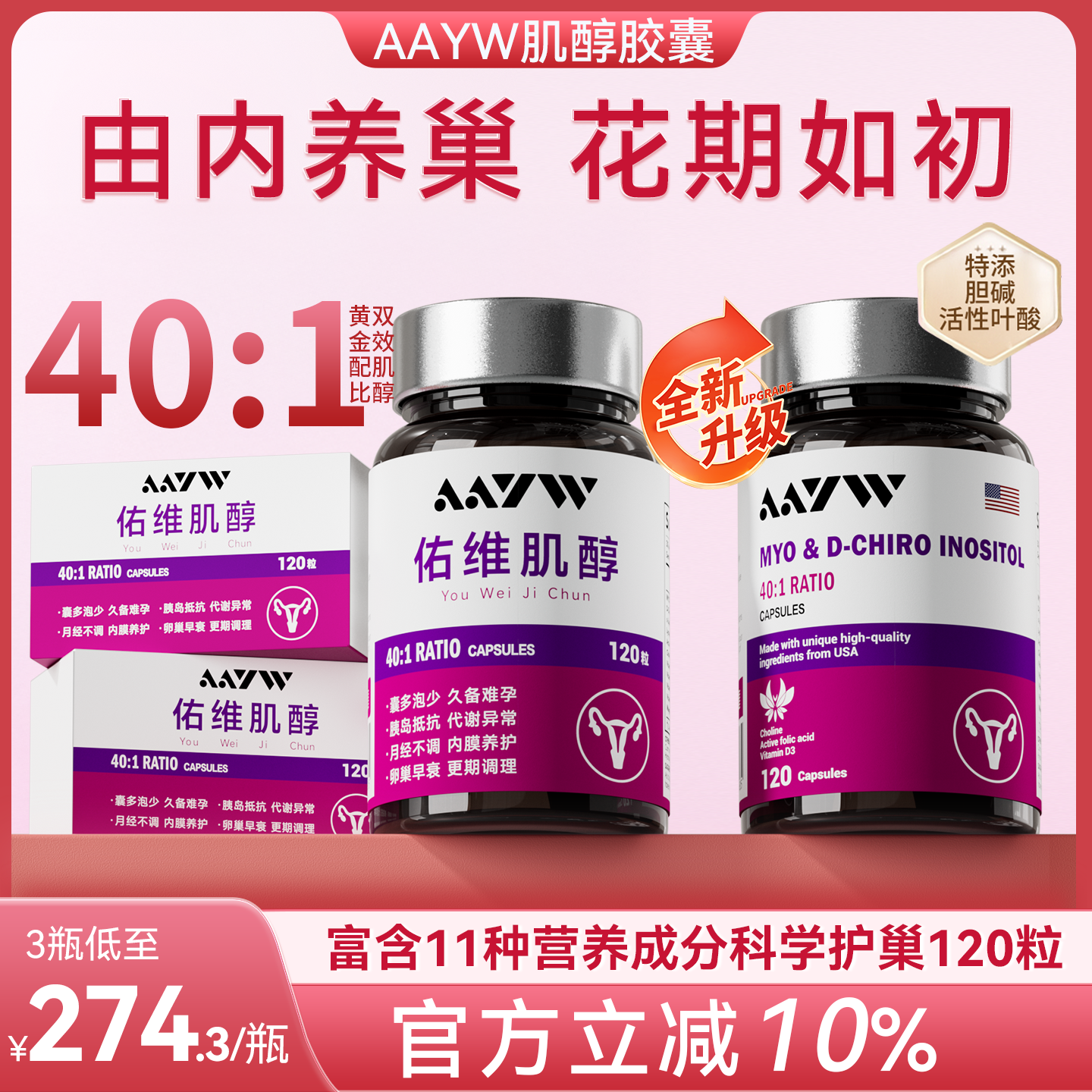 aayw佑维艾维肌醇胶囊40:1双效肌醇养巢备孕内分泌失调呵护卵巢,保健食品/膳食营养补充食品,机能性表示食品,淘宝优惠券,粉丝福利购,淘宝优惠卷
