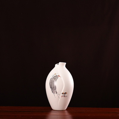 极速家居陶瓷摆件中式简约现代风z格--写意鸟圆球转口瓶三件套花