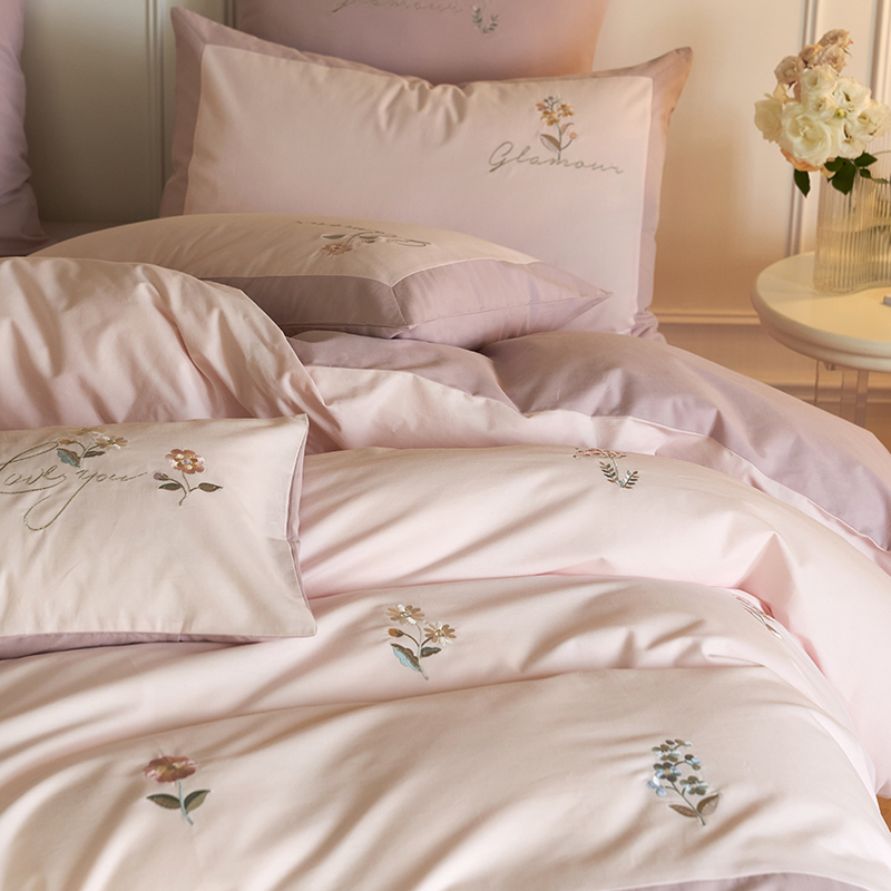 极速小清a新秋冬100支全棉磨毛四件套少女心花卉刺绣被套加厚床上