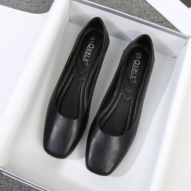 新品软底软d皮黑色平底单鞋女2026新款百搭方头工装职业上班舒适