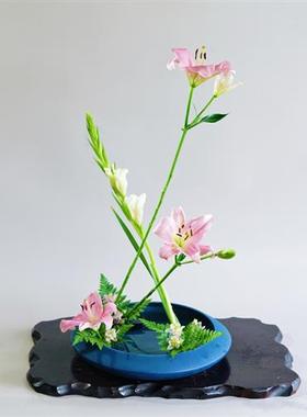 极速墨蓝色的花器 磨砂陶瓷大花盘写景接J水盘 小原流日式花道中