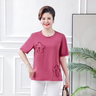 t恤女纯棉加肥加大宽松遮肚子全棉圆领百搭 k短袖 新品 中年妈妈夏装