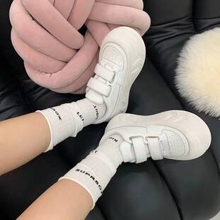 新品小白鞋白色魔术贴运动休闲鞋子女D2026年新款面包女鞋厚底增