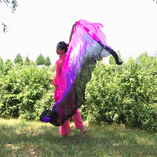 极速肚皮舞纱巾真丝舞蹈手纱表演演出练习K手抛纱巾渐变色七彩丝