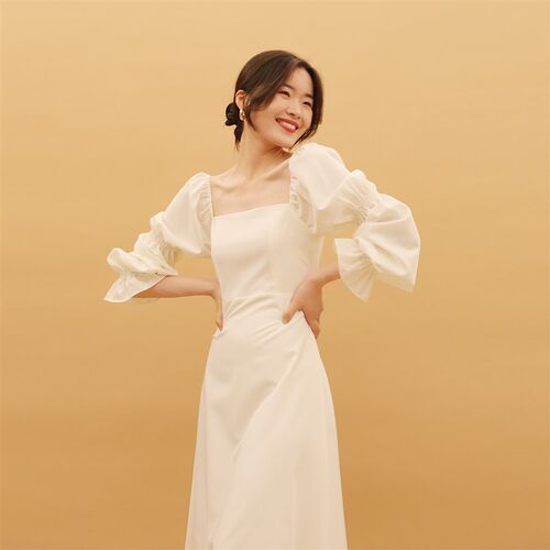 新品TANSSHOP 法式大方领 藕H节长袖大摆裙春夏薄款连衣裙