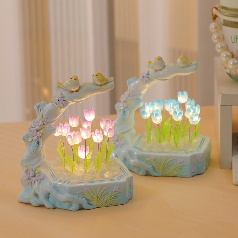 新品创意花鸟郁金香小夜灯摆件卧室睡眠灯手工diy书房Y装饰品生日