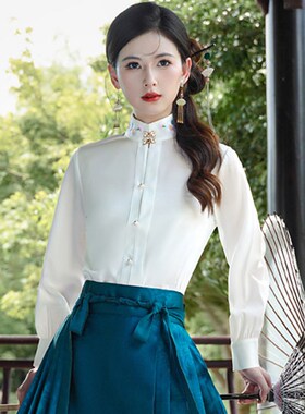 新品新中式d马面裙上衣改良汉服立领对襟白色长袖衬衣刺绣国风衬