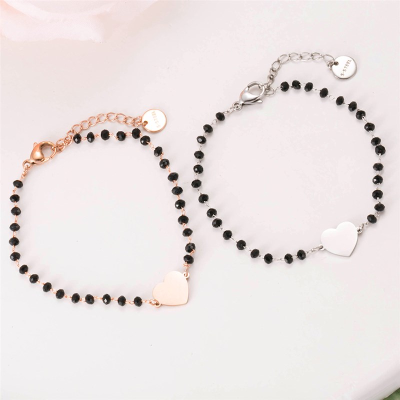 极速Stainless Steel Black Crystal Beads KChain Bracelet Rose