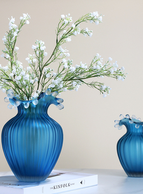 极速简约蓝色波浪玻璃花瓶可水培客厅样板间样品屋展示Z中心装饰
