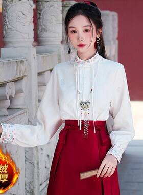 新品马面裙上衣古风女装新中式盘扣衬衫I汉服改良白色长袖衬衣国