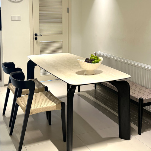 极速法式原木奶油风m大象腿餐桌家用小户型洞石长方形白蜡木实木