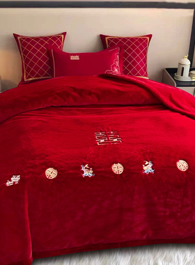 极速结婚庆红色云毯新婚喜被仿z裘皮毯兔毛绣花毯陪嫁送礼绒毯加