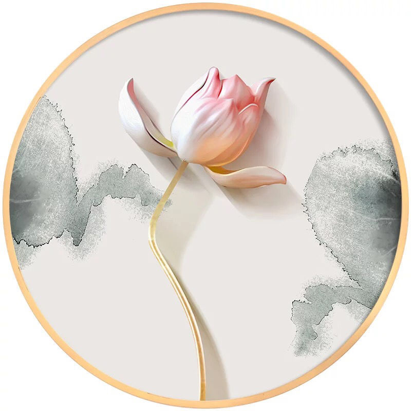 速发禅意画新中式水墨浮雕荷花创意圆形装饰画简约现代客厅有框挂图片